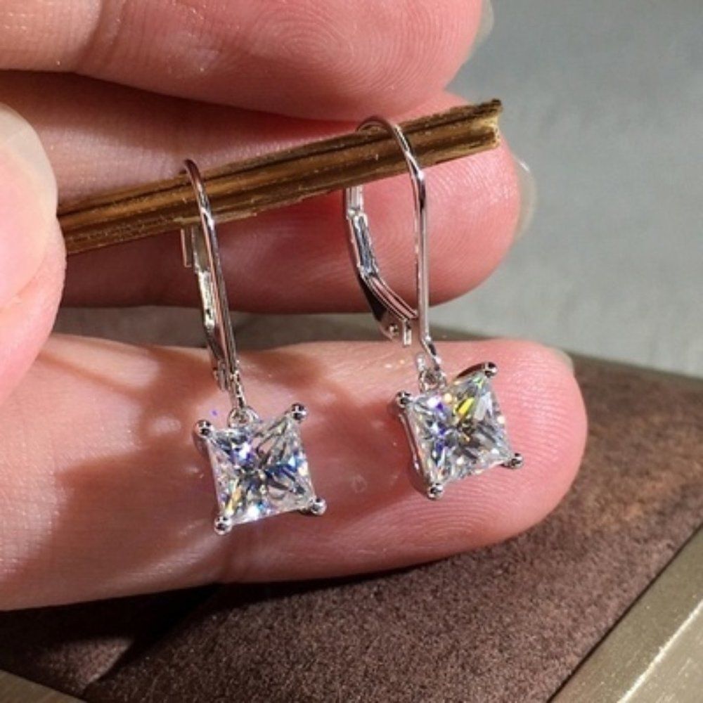 Princess Cut Earrings, 2 Carat CZ Drop Earrings, Jewelry Gift for Her